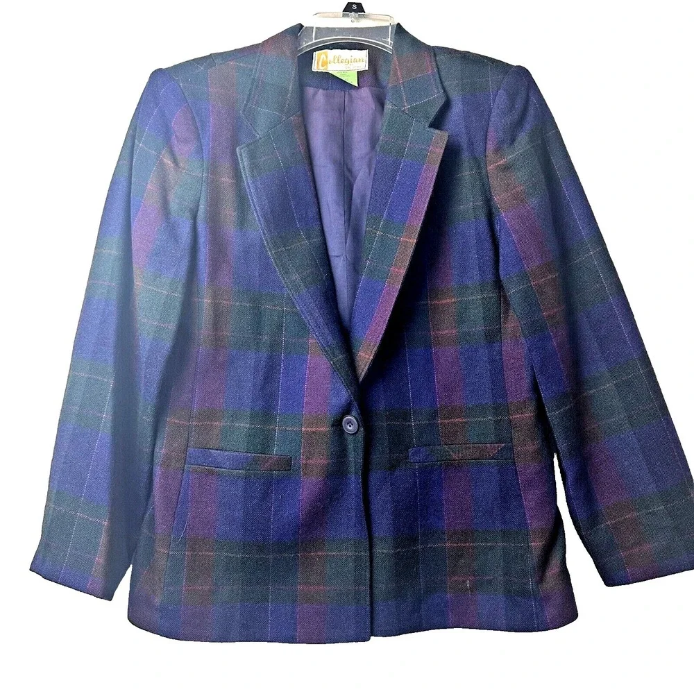 Vintage Collegian‎ of California Wool Plaid Blazer Purple Green Blue Size 9/10